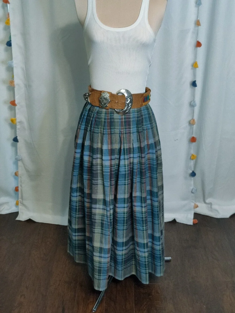Vintage artisan Handmade Pleated Plaid Maxi Skirt Pockets Schoolgirl Cotton SM